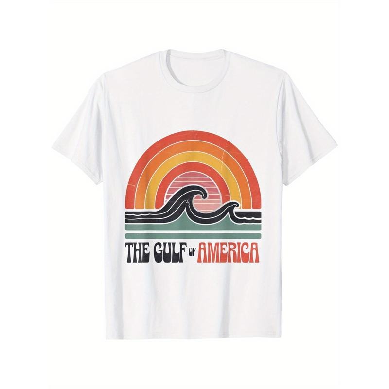 Everyday Comfort] Men's Retro Gulf of America T-Shirt - 100% Cotton, White Crewneck with Vibrant Sunrise Print, Casual & Comfortable for Outdoor Sports, Beach, or Summer Parties, 180g, Outdoor Sports Apparel | Retro Print Tee Made in USA