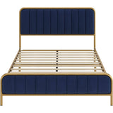 Full, Gold Metal, Platform Bed, Frame, Navy Blue, Velvet, Upholstered Headboard