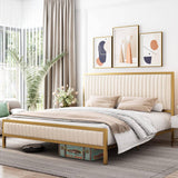 Full size, Gold, Metal, Platform Bed, Frame, Beige, White, Upholstered Headboard