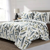 King Size, Reversible, Cotton, Lightweight, Floral, Fern, 3 Piece, Quilt Set