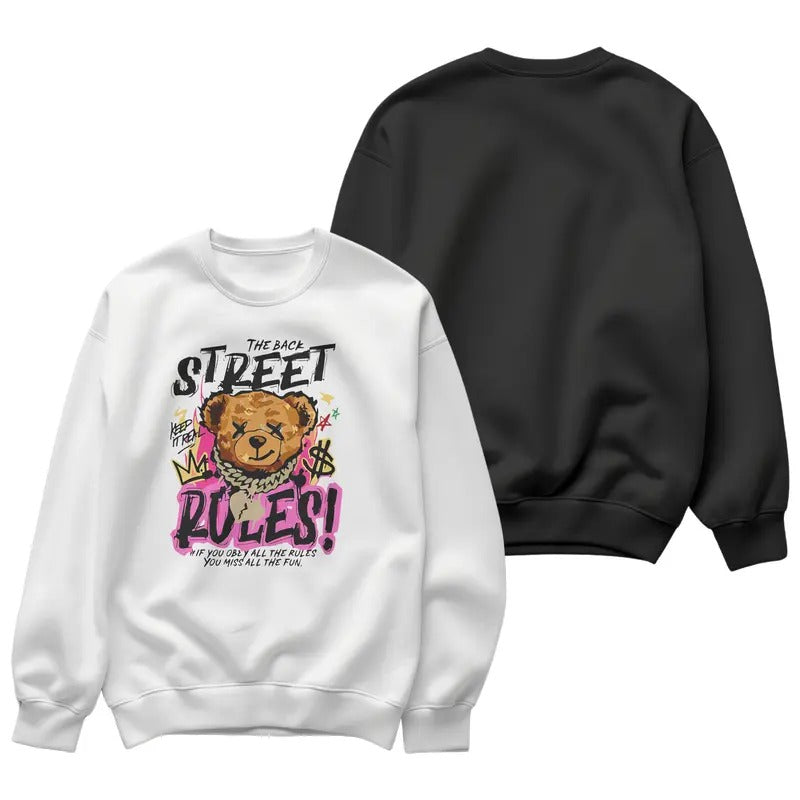 Fashionable cotton short sleeves, crewneck sweatshirts, hooded sweatshirts, bears leading, gold chains shining, "STREET RULES!" domineering declaration, old texture, full of personality, street fashion, ready to wear, texture and trend, so that you are co