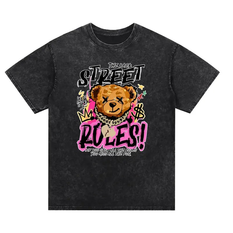 Fashionable washed T-shirt, led by a bear, shining gold chain, "STREET RULES!" domineering declaration, distressed texture, full of personality, street fashion, ready to wear, texture and trend, make you comfortable and stylish!