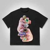 Finger Graffiti Diamond Ring Casual Graphic T-Shirt Y2K Clothing Graphic Tee Cotton Top Streetwear
