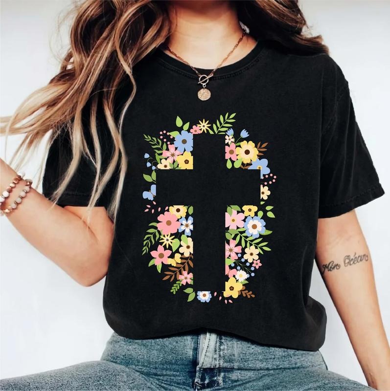 Floral Cross Shirt, Christian Easter T-shirt, Religious Tee For Mom, Easter Gift For Woman, Marian Catholic Short Sleeve, Jesus Mother T-shirt. Cotton Casual