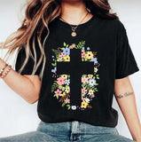 Floral Cross Shirt, Christian Easter T-shirt, Religious Tee For Mom, Easter Gift For Woman, Marian Catholic Short Sleeve, Jesus Mother T-shirt. Cotton Casual