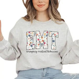 Floral EMT Nurse Sweatshirt, Floral EMT Nurse Shirt, Emergency Medical Technician Crewneck Shirt, Paramedic Casual Classic Collar Cotton Jersey Knit Bottom Everyday