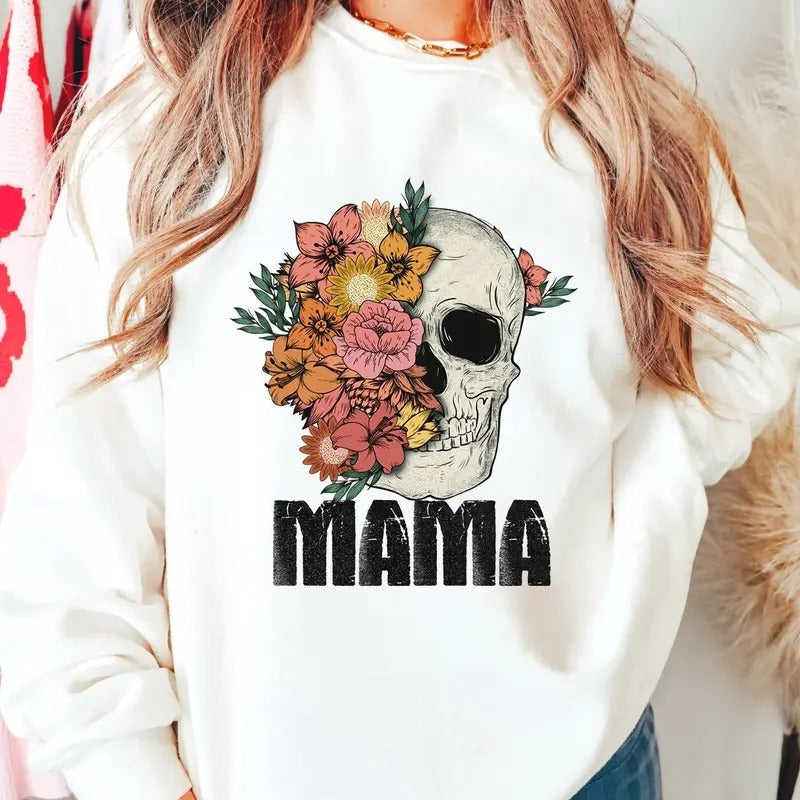 Floral Skull Mama Sweatshirt, Skull Sweatshirt, Skull Sweatshirt, Retro Sweatshirt, Hippie Sweatshirt, boho Sweatshirt, flower Mama Skull sublimation Sweatshirt, Gift For Mom