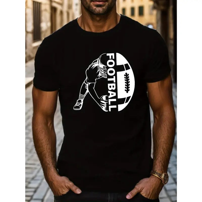 Football Frenzy Print T Shirt - Stylish Tees Designed Exclusively For Men, Ultra-Casual Short Sleeve Design For Warm Weather, Perfect For Summer Outings and Outdoor Activities, Vibrant Football Print Design On High-Quality T Shirt Made in USA