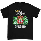 Funny Blox King of ROBUX T-Shirt Featuring Classic VR Game Design and Playful Meme Humor for Roblox Fans