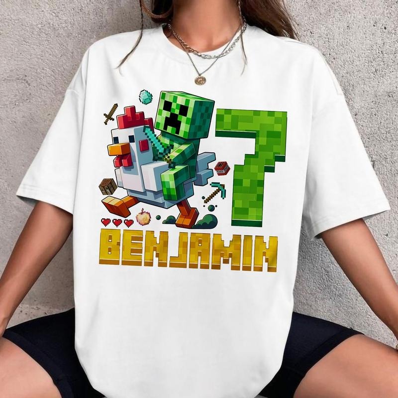 Funny Minecraft Meme Tee, Gamer Humor Pixel Art Graphic Tee, Chicken Jockey MineC Birthday Shirt, MineC Shirt, Personalized for Boys, Girls, Kid's Party Shirt, Family Matching, Miner H