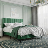 Queen size, Modern, Green, Velvet Upholstered, Platform Bed, Headboard