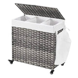 Handwoven Grey PP Rattan 3-Bag Laundry Basket Cart with Cotton Liner on Wheels