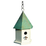 White Wood Bird House with Verdi Green Copper Roof - Made in USA