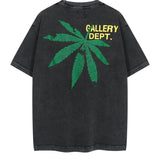Gallery Dept Green Letter Maple Leaf Printed Short sleeved T-shirt S-XL Washed Black