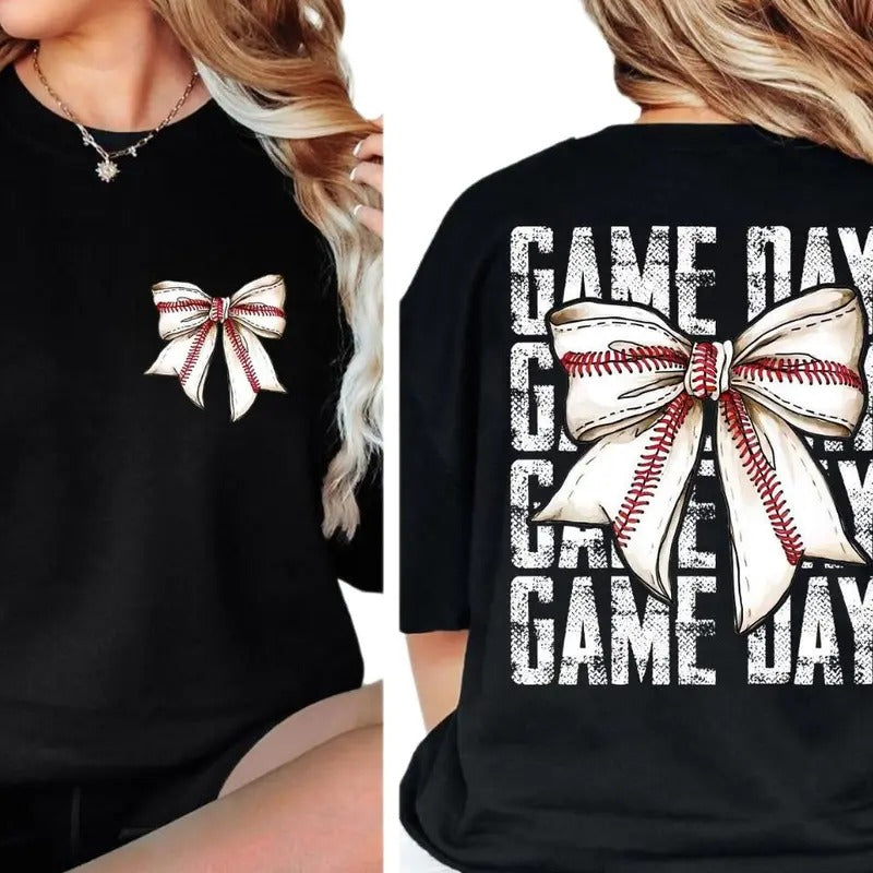Game Day Baseball Bow TShirt Fall Coquette Bow Tee_580 - Unisex And Inclusive - Multiple Colorways - Full Size Range