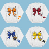 Game Day NCAA Mascot Bow Sweatshirt, Cute College Football Pullover for Her, Spiritwear Crewneck with Sleeve Logo, Unisex Classic Outfit Gift, All Teams