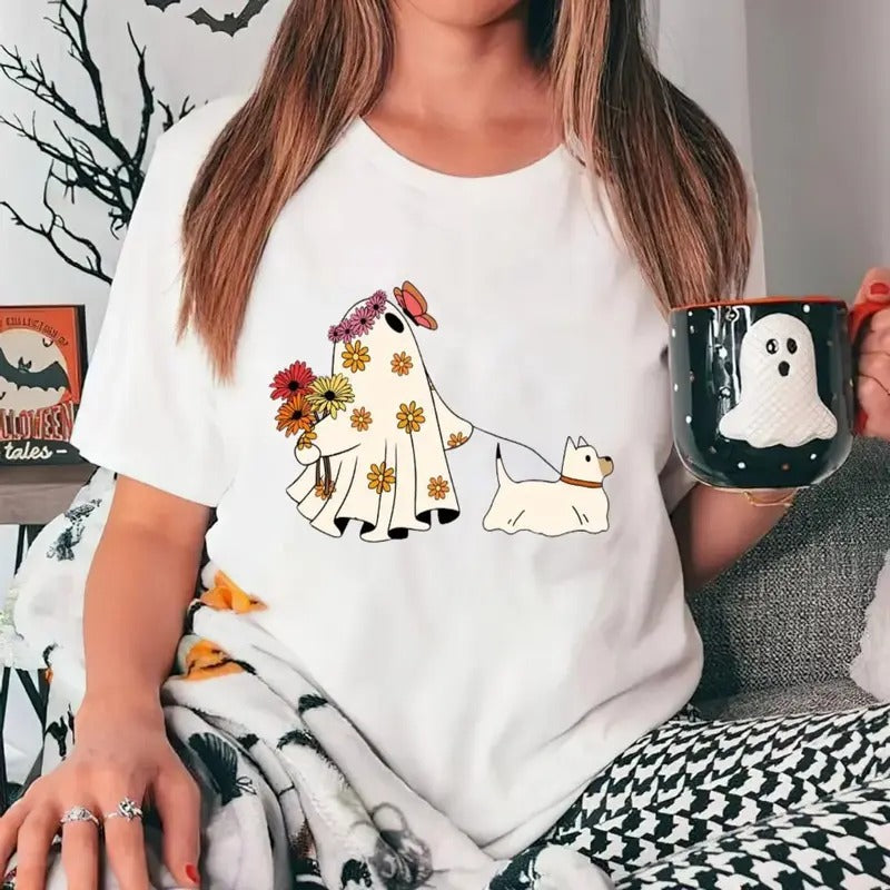 Ghost Floral Dogs Shirt, Cute Ghost Dog Shirt, Ghost Dog Shirt, Dog Lovers Gift, Halloween Dog Shirt, Dog Halloween Shirt, Spooky Season, Pumpkin Dog, Unisex Short Sleeve Tee Shirt, Casual Clothing Womenswear Top Lady Women
