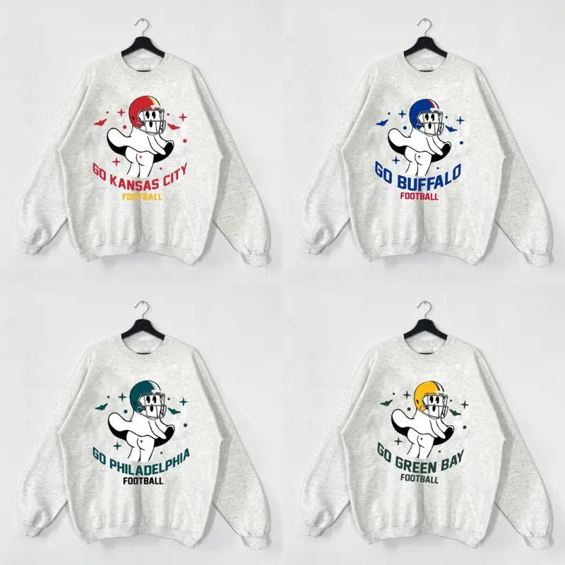 Go All Team Football Funny Ghost Vintage Sweatshirt, Football Team Cute Spooky Season Sweatshirt, Football Retro Shirt