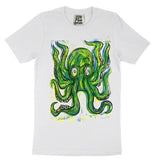 Green Octopus  Hand printed  Woodcut T Shirt Menswear Cotton Graphics Streetwear Grunge Clothes
