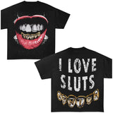 Grillz I Love Slts Garment-Dyed Y2k T-Shirt Graphic Tees Oversized Cotton Unisex Top Streetwear