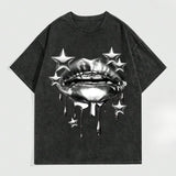 Grunge Punk Men's Street Metal Lip Print Vintage Distressed Short Sleeve T-Shirt, Vintage Graphic Tee, Unisex Crewneck Cotton Short Slevee Streetwear