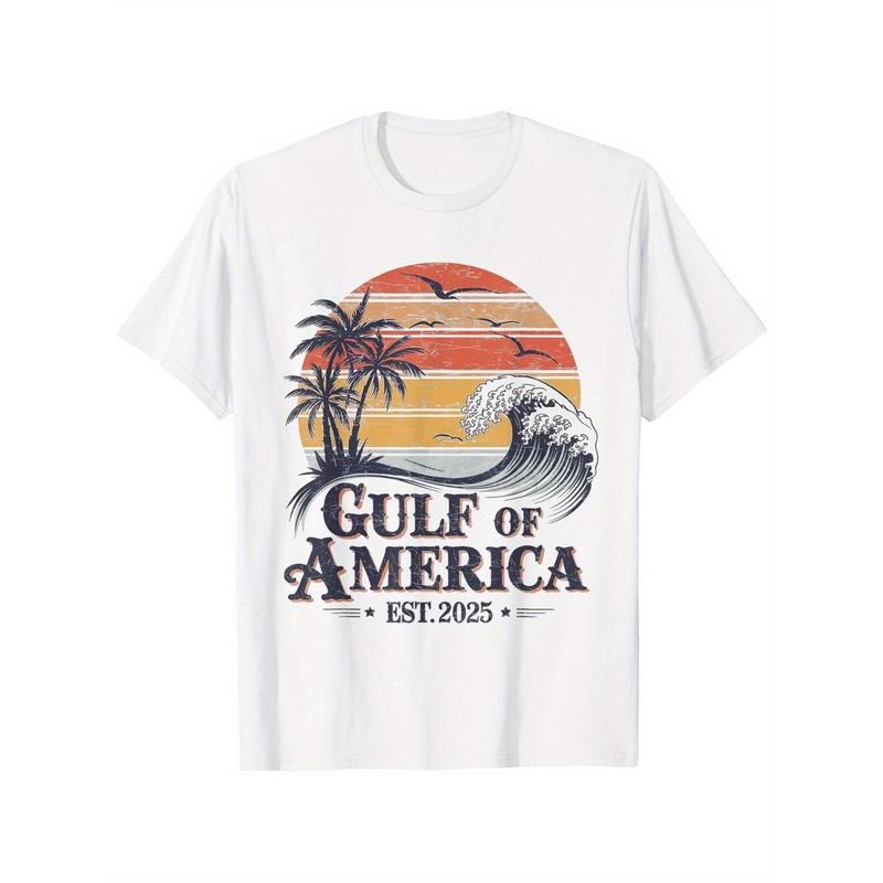 Gulf Of USA America Est 2025 Palms Sunset T-Shirt, 100% Cotton 180g, White round neck, size S-XXXL, Good reviews, simple, retro, Street trend Made in USA