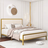 Queen size, Gold, Metal, Platform Bed, Frame, Beige, White, Upholstered Headboard