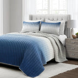 King Size, Blue  Grey,  Ombre,  Crinkle,  3 Piece, Quilt Set