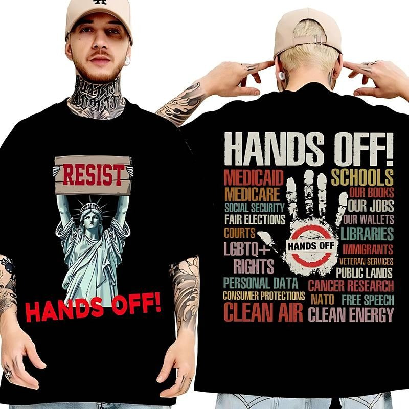 Hands Off Resist T-Shirt for Men and Women - Trendy Political Design, Vintage Style, Short Sleeve, Cotton, Casual Wear, Machine Washable - Top