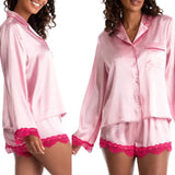 Women's Satin Loungewear Set Bow/Heart Print Long Sleeve Lapel Button Down Tops with Lace Patchwork Shorts Sleepwear