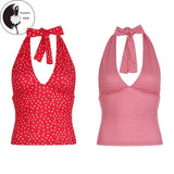 Women's Halter Neck Tank Tops Sleeveless Open Back Plaid/Heart PrintedFit Tops Party Shirts