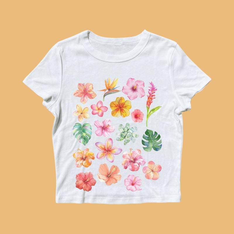 Hibiscus Flower Baby Tee, Vintage Collage Aesthetic Seashell Baby Tee, Coastal Grandma Cute Women's T-Shirt