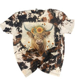 Highland Cow Sunflower Bleached Tee - Boho Cottagecore Vibes