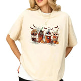 Horror Characters Halloween Coffee Drinks Tee Cotton Fabric Tshirt, Printed Women's Top, Casual Womenswear