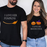 I Like Her Pumpkins, I like His Broom Stick T-Shirt, Matching Couples Halloween Party Tee, Fall Wife And Husband Tee, New Married Halloween Gift.