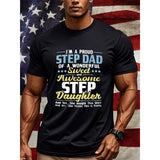 I'M A PROUD STEP DAD OF A WONDERFUL Sweet Black T Shirts For Men Graphic Tee Casual Crew Neck Style Soft 100% Cotton Ideal For Weekend Casual Hiking Running And Going Out Breathable And Ultra-Soft Made in USA