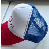 I PEE IN POOLS Trucker Hat - Unisex Blue and Red Mesh Cap with Bold Red Text Design