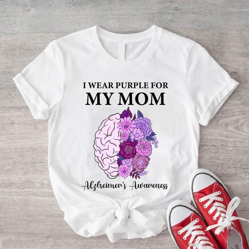 I Wear Purple For My Mom Shirt, Alzheimer's Awareness T-shirt, Purple Ribbon Tee, Purple Floral Brain Tee, Alzheimer's Disease Shirt, Support Gift Tee, Memory Loss Shirt.