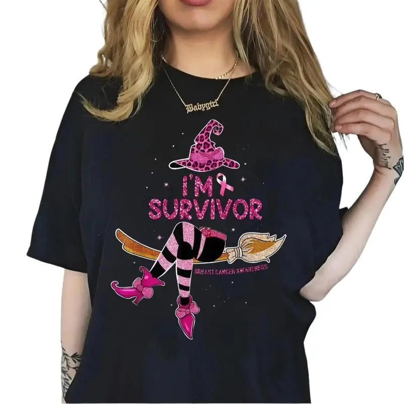 I'm Survivor Witch Theme Breast Cancer Graphic T-shirt, Leopard Print & Pink Ribbon T-shirt, Halloween Breast Cancer Witches Gift For Friends, for Him, for Her