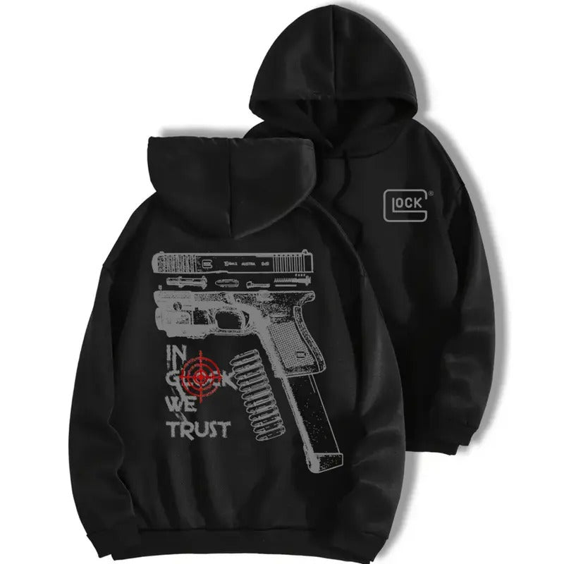 In Glock We Trust Standard size Hoodie , Black hoodie and multicolor design , For Men And Women Classic Menswear