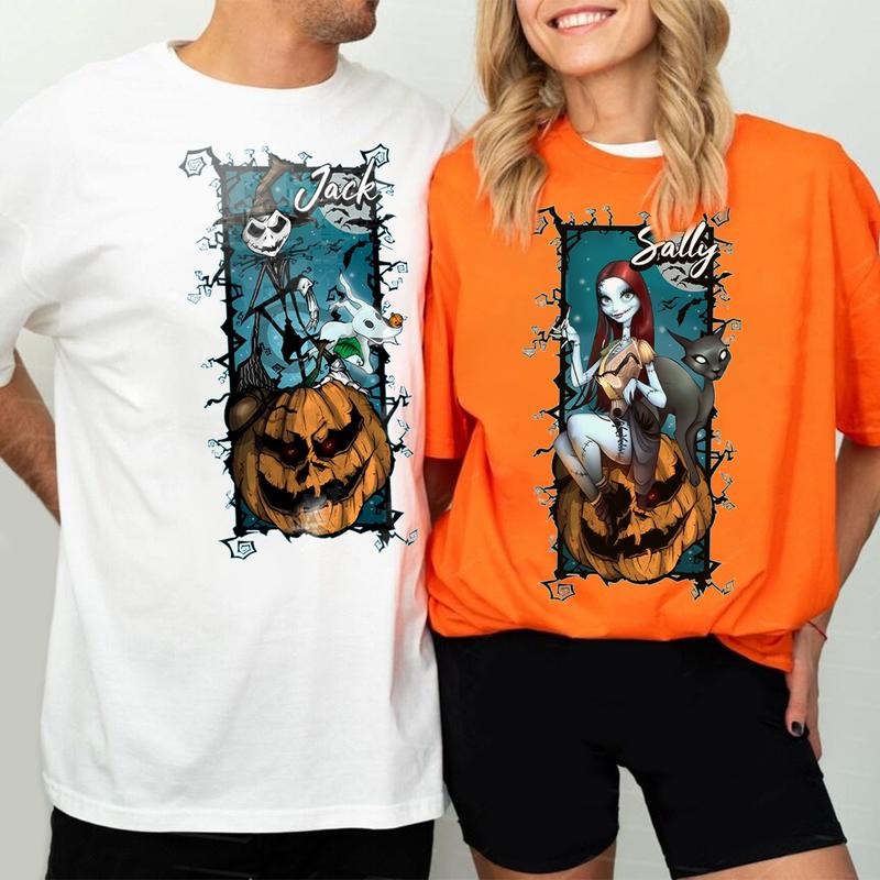 Jack Front Skeleton Shirt, Jack and Sally Couple Shirt, Vintage The Nightmare Before Christmas Jack Sally Couple  Halloween Shirt, Jack Skellington The Pumpkin King