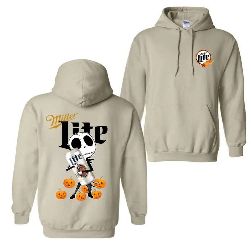 Jack Hug Miller Lite Skellington Halloween Double Sided Hoodie, Skeleton Miller Lite Crewneck Full Color, Miller Lite Halloween Hoodie And Sweatshirt for Men And Women