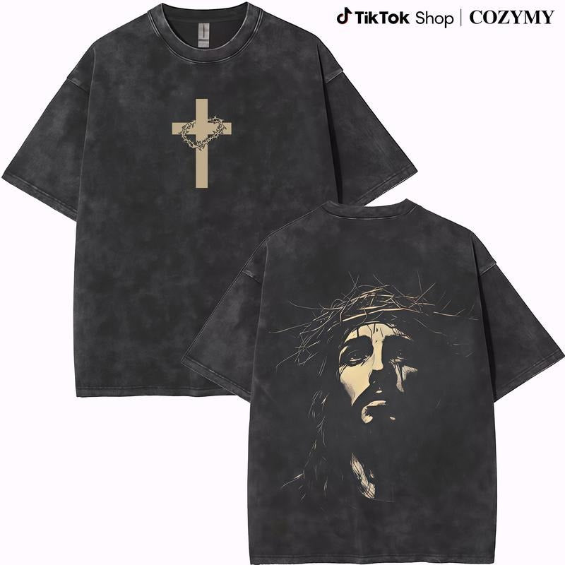 Jesus Crown of Thorns Washed T-Shirt, God Christian Comfort Colors Pure Ring-Spun Cotton Fabric Casual Crew Neck Soft-Washed T-Shirt Tops for Unisex