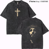Jesus Crown of Thorns Washed T-Shirt, God Christian Comfort Colors Pure Ring-Spun Cotton Fabric Casual Crew Neck Soft-Washed T-Shirt Tops for Unisex