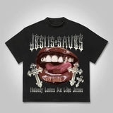 Jesus Saves Lips Cross Casual Graphic T-Shirt Y2K Clothing Graphic Tee Cotton Top Streetwear