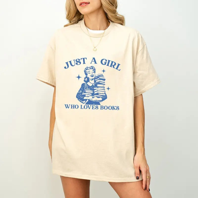 Just A Girl Who Loves Books Retro T-Shirt, Unisex Adult T Shirt, Vintage 90s Theme Reading T Shirt, Nostalgia T Shirt, Relaxed Cotton Tees