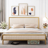 King size, Gold Metal, Platform, Bed Frame, Beige, White, Upholstered Headboard