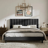 King size, Modern, Black, Velvet Upholstered, Platform Bed, Headboard