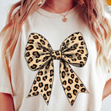 Leopard Print Coquette Bow Tee, Cheetah Print Bow Shirt, Trendy Leopard Pattern Ribbon Gift