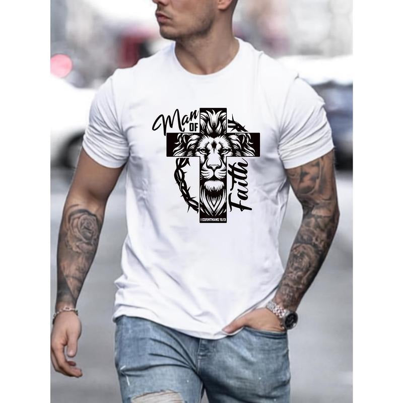 Lion Print Crew Neck Fashion T-Shirt - Men's Short Sleeve Sports Tee for Summer and Spring - Comfortable, Versatile, Athletic Style, Comfort Fit, Great Gift Idea Made in USA